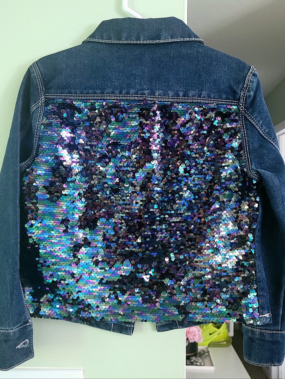Girls Shimmering Sequin Appliqué Back Denim Jacket Size 7